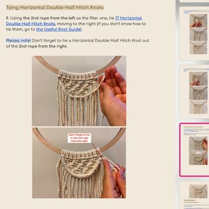 May include: A close-up of a macrame project in progress. The image shows a hand tying a knot with a beige rope on a wooden hoop. The text "Don't forget to tie in the 2nd rope from the right" is visible in the image.
