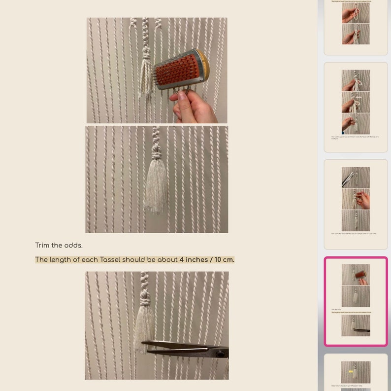 May include: Close-up of a white macrame wall hanging with tassels. The tassels are being trimmed with scissors to a length of 4 inches or 10 cm.  Trim the odds. The length of each tassel should be about 4 inches / 10 cm.