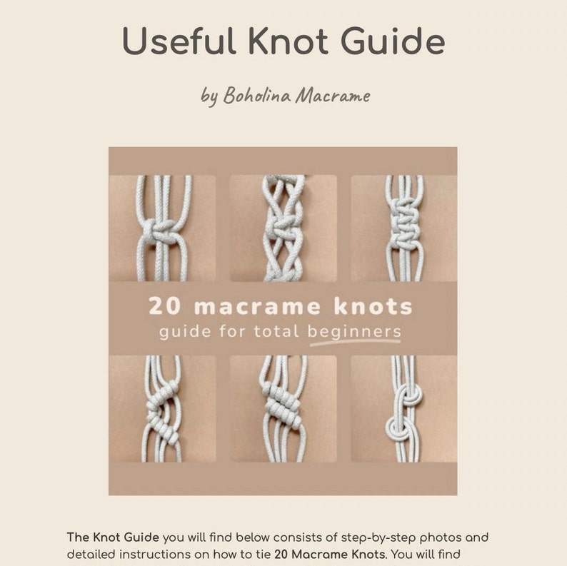 K&ouml;nnte beinhalten: Ein Leitfaden f&uuml;r 20 Makramee-Knoten f&uuml;r Anf&auml;nger, mit Schritt-f&uuml;r-Schritt-Fotos und Anleitungen. Der Leitfaden tr&auml;gt den Titel "Useful Knot Guide" und stammt von Boholina Macrame.