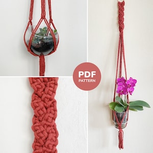 May include: Red macrame plant hanger with a glass pot holding a plant. The hanger is suspended from a wall and features a detailed braided section. The image also includes a close-up of the braided section and the text "PDF PATTERN".