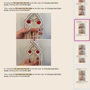 May include: A close-up of a macrame knotting project with red beads. The instructions for the project are visible in the background. The instructions state to use the 7th rope from the left as the filler rope, tie 3 Double Half Hitch Knots, working down and to the right. Then, using the 7th rope from the right as the filler rope, tie 3 Double Half Hitch Knots, working down and to the left.