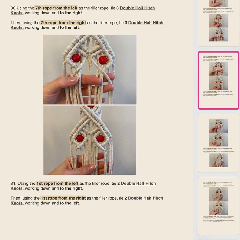 May include: A close-up of a macrame knotting project with red beads. The instructions for the project are visible in the background. The instructions state to use the 7th rope from the left as the filler rope, tie 3 Double Half Hitch Knots, working down and to the right. Then, using the 7th rope from the right as the filler rope, tie 3 Double Half Hitch Knots, working down and to the left.