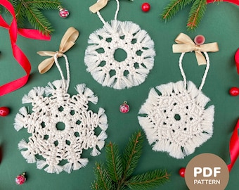 Christmas Macrame Snowflakes PDF Pattern, Set of 3 DIY Snowflakes, Christmas Ornaments for Beginners Digital Download, Snowflake Tutorial