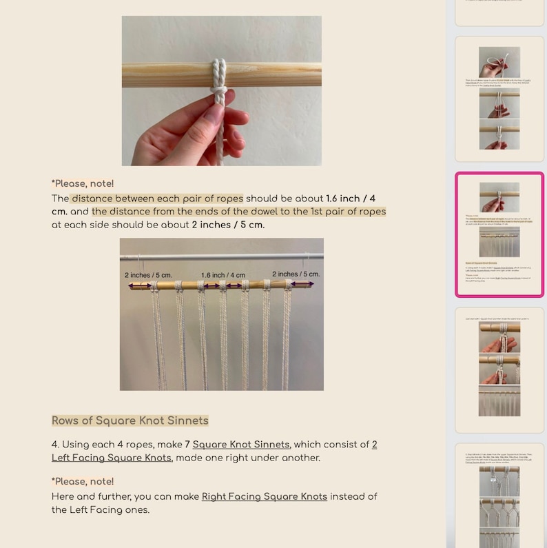 May include: A close-up of a wooden dowel with multiple strands of white rope hanging from it. The rope is tied in a series of square knots, creating a decorative wall hanging. The image includes instructions for making the knots, with measurements in inches and centimeters.