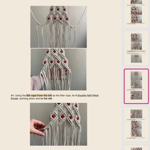 May include: A close-up of a macrame wall hanging with red beads. The instructions for making the wall hanging are visible in the image. The text reads: "94. Using the 6th rope from the left as the filler rope, tie 4 Double Half Hitch Knots, working down and to the left."