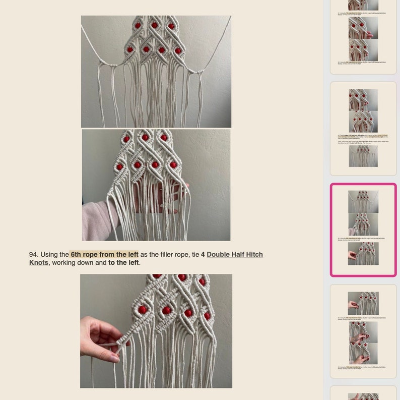 May include: A close-up of a macrame wall hanging with red beads. The instructions for making the wall hanging are visible in the image. The text reads: "94. Using the 6th rope from the left as the filler rope, tie 4 Double Half Hitch Knots, working down and to the left."
