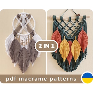 May include: Two macrame wall hangings. One is a dream catcher with white, brown, and grey feathers. The other is a teal macrame piece with orange and yellow leaf accents. The text "2 IN 1" is in a white circle. The text "pdf macrame patterns" is at the bottom.