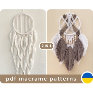 May include: Two macrame dreamcatcher patterns, one in white and one in brown, with the text "2 IN 1 pdf macrame patterns" and a Ukrainian flag.