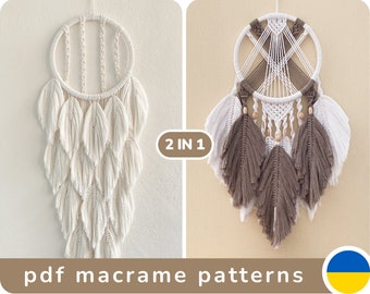 2 in 1 Dream Catcher PDF Pattern with photos, Macrame feathers Dreamcatcher, DIY Macrame  Leaves tutorial for Beginners, Dreamcacthers