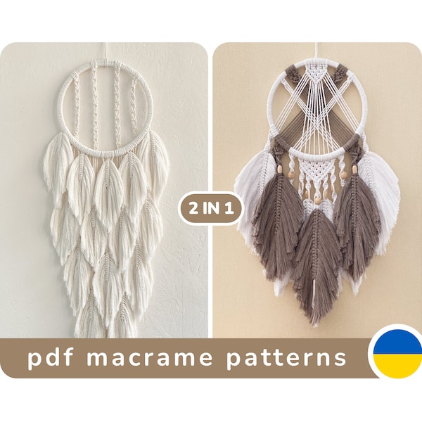 2 in 1 Dream Catcher PDF Pattern with photos, Macrame feathers Dreamcatcher, DIY Macrame  Leaves tutorial for Beginners, Dreamcacthers