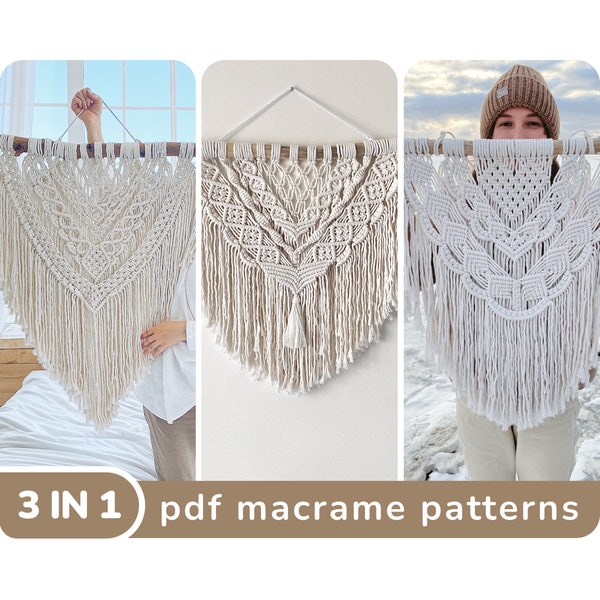 3-in-1 Macrame Pattern PDF with photos, Beginner Macrame Wall Hanging patterns, DIY macrame tutorial, Instant download