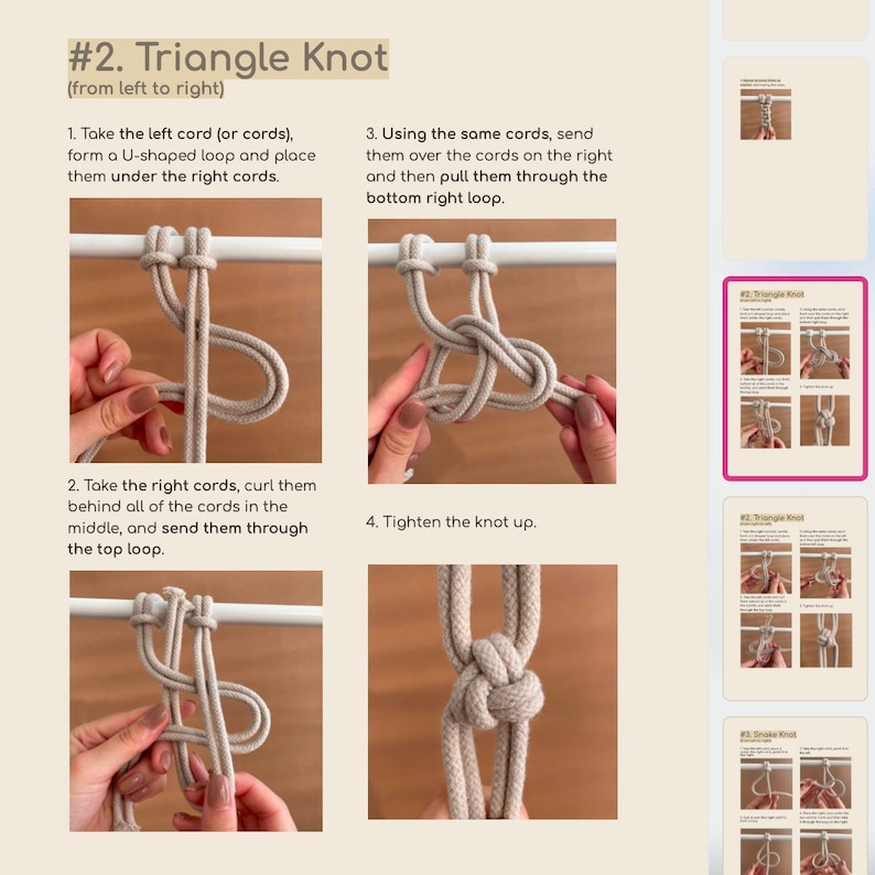May include: A step-by-step guide on how to tie a triangle knot using two beige cords. The instructions are numbered 1 through 4 and show the knot being tied in four stages. The image also includes a close-up of the finished knot.