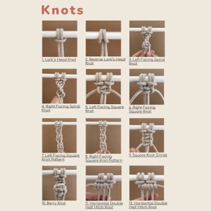 K&ouml;nnte beinhalten: Ein Diagramm, das 12 verschiedene Knoten mit Namen und Illustrationen zeigt. Die Knoten sind an einem beigefarbenen Seil gebunden und werden vor einem wei&szlig;en Hintergrund gezeigt.