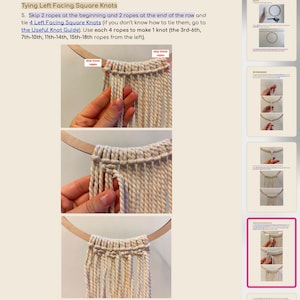 May include: A close-up of a macrame project in progress. The image shows how to tie a left-facing square knot using natural colored rope. The instructions indicate to skip two ropes at the beginning and end of the row, and to tie four left-facing square knots using each four ropes to make one knot.