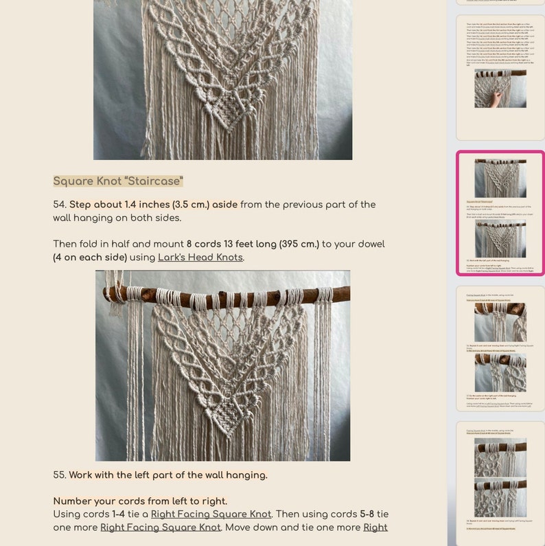 May include: A close-up of a macrame wall hanging with a wooden dowel. The macrame is made with natural colored cord and features a square knot pattern. The text "Square Knot 'Staircase'" is visible in the image. The instructions for the macrame project are: "Step about 1.4 inches (3.5 cm.) aside from the previous part of the wall hanging on both sides. Then fold in half and mount 8 cords 13 feet long (395 cm.) to your dowel (4 on each side) using Lork's Head Knots. Work with the left part of the wall hanging. Number your cords from left to right. Using cords 1-4 tie a Right Facing Square Knot. Then using cords 5-8 tie one more Right Facing Square Knot. Move down and tie one more Right"