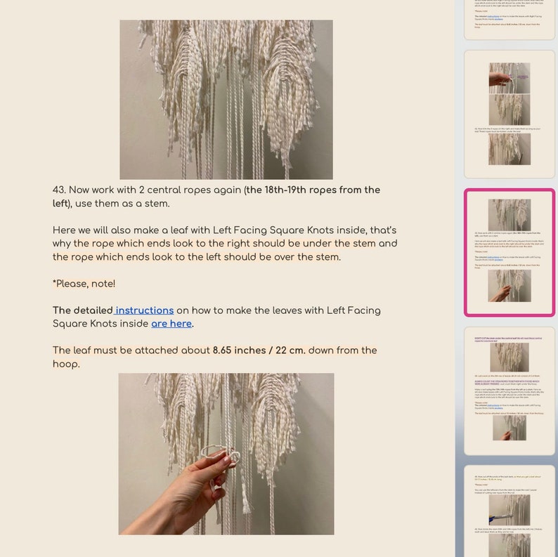 May include: A close-up of a white macrame wall hanging with a leaf shape made with square knots. The text "The detailed instructions on how to make the leaves with Left Facing Square Knots inside are here." is visible in the image.