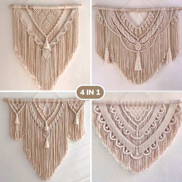 4 in 1 Macrame Pattern PDF with photos, Beginner Macrame Wall Hanging Pattern, Macrame Tutorial, DIY Instructions, Free Knot Guide