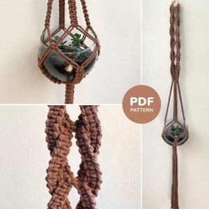 Patrón PDF para colgador de plantas de macramé, soporte para plantas trenzado, instrucciones para colgador de plantas de macramé DIY con fotos, patrón PDF para maceta larga de macramé