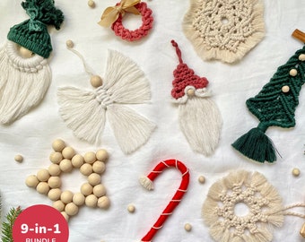 May include: A 9-in-1 Christmas ornament bundle featuring a variety of handmade decorations, including a gnome, a tree, a candy cane, a star, and several wreaths. The ornaments are made with macrame, yarn, and wooden beads.