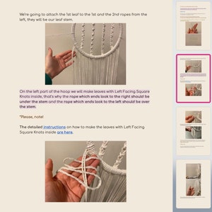 May include: Close-up of a white macrame hoop with a hand holding two white cords. The cords are being tied into a square knot. The text "Please, note! The detailed instructions on how to make the leaves with Left Facing Square Knots inside are here." is visible below the image.