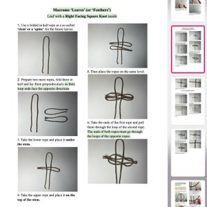 May include: A step-by-step guide on how to make a macrame leaf or feather using a right-facing square knot. The instructions include images of each step, showing how to fold the rope, place the ropes on the same level, and pull the ends of the first rope through the loop of the second rope.