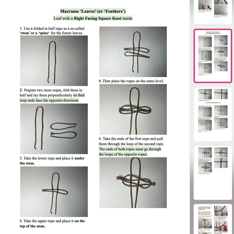 May include: A step-by-step guide on how to make a macrame leaf or feather using a right-facing square knot. The instructions include images of each step, showing how to fold the rope, place the ropes on the same level, and pull the ends of the first rope through the loop of the second rope.