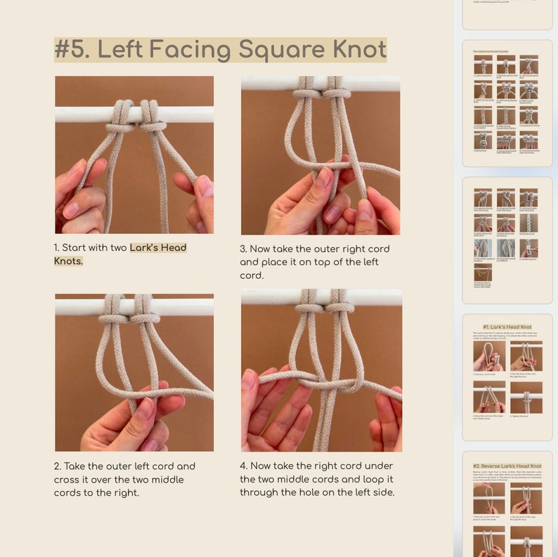 May include: A step-by-step guide on how to tie a left facing square knot using two cords. The image shows four steps with a close-up of the hands tying the knot. The text in the image reads: "#5. Left Facing Square Knot", "1. Start with two Lark's Head Knots", "2. Take the outer left cord and cross it over the two middle cords to the right", "3. Now take the outer right cord and place it on top of the left cord", "4. Now take the right cord under the two middle cords and loop it through the hole on the left side."
