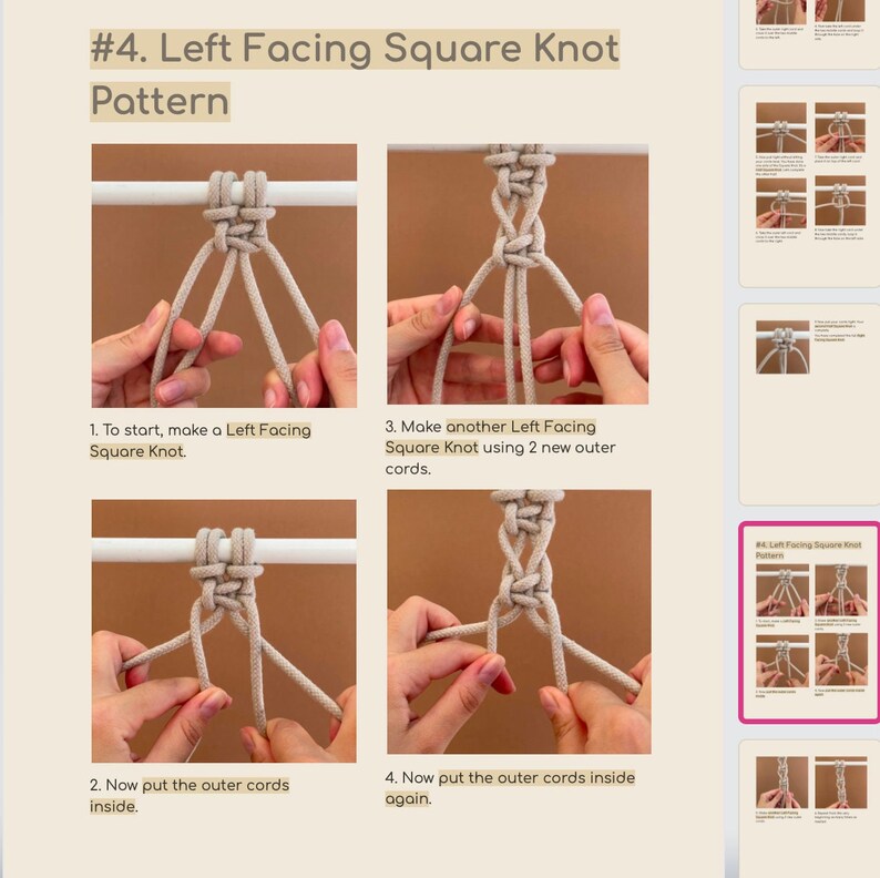 May include: A step-by-step guide on how to tie a left-facing square knot using rope. The image shows four steps, with each step showing a different stage of the knot being tied. The text in the image reads: "#4. Left Facing Square Knot Pattern".