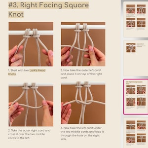 May include: A step-by-step guide on how to tie a right-facing square knot using two cords. The instructions include images of each step, starting with two Lark's Head knots.