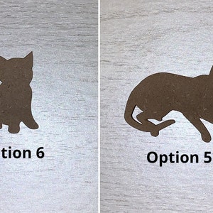 May include: Two brown cat silhouettes on a light grey background. One cat is sitting, and the other is in a playful pose. The text "Option 6" and "Option 5" are below each cat silhouette.