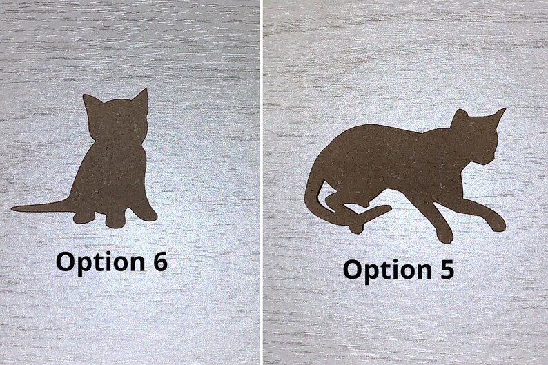 May include: Two brown cat silhouettes on a light grey background. One cat is sitting, and the other is in a playful pose. The text "Option 6" and "Option 5" are below each cat silhouette.