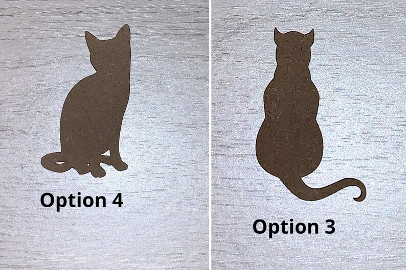 May include: Two brown cat silhouettes, Option 4 and Option 3, are displayed against a light wood grain background. Option 4 shows a cat sitting upright, while Option 3 depicts a cat from the rear with its tail curled.