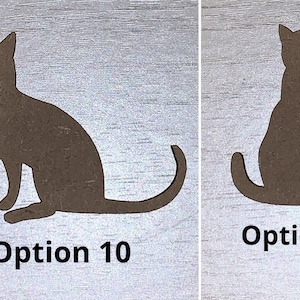 May include: Two brown cat silhouettes are shown on a light wood-grain background. One cat is sitting, the other has a paw raised. The text "Option 10" and "Option 9" are below each cat. These are likely decorative items for the home.