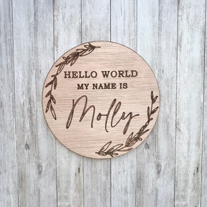 Personalised Baby Arrival Sign | Leaf Baby Plaque  | Hello World My Name Is Sign l Engraved Baby Name Plaque | Wooden Birth Gift