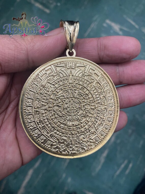 14K Yellow Gold Aztec Calendar Pendant Sun Medal Necklace - Etsy