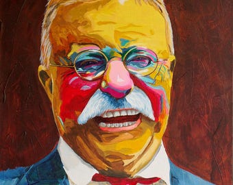 May include: A colorful portrait of a man with glasses, a white mustache, and a red tie. The painting uses vibrant colors, including yellow, red, blue, and pink, creating a striking and expressive image. The man is smiling.