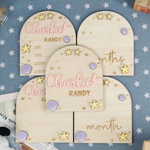 Mermaid Name Announcement Sign, Seashells & Starfish Milestones Card, Personalized Baby Sign, Monthly Milestone Plaque, Baby Shower Gifts