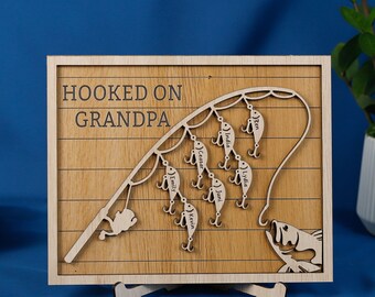 Hooked on Dad Sign, Hooked by Grandpa, Dad Fishing Gifts, Birthday Gifts, Fisherman Gifts, Personalized 2-Layered Wood Sign for Father's Day
