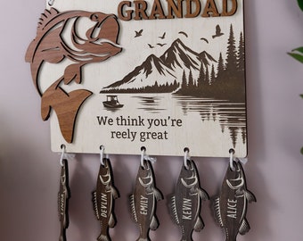Dad Fishing Custom Sign with Kids Names, Hooked on Daddy Sign, Dad 3D Wooden Sign for Fathers Day, Dad Birthday Gifts, Gift for Grandpa Papa