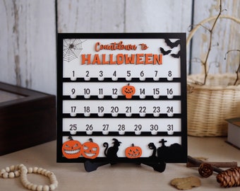 Wooden Countdown to Halloween Calendar With Moveable Ghost, Halloween Wood Decorations, Halloween Countdown Sign, Cute Coffee Bar Decor