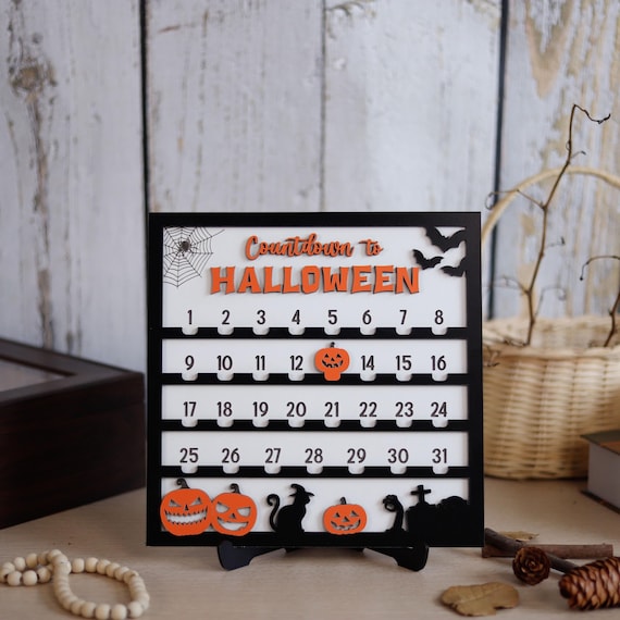 Wooden Countdown to Halloween Calendar With Moveable Ghost, Halloween Wood Decorations, Halloween Countdown Sign, Cute Coffee Bar Decor