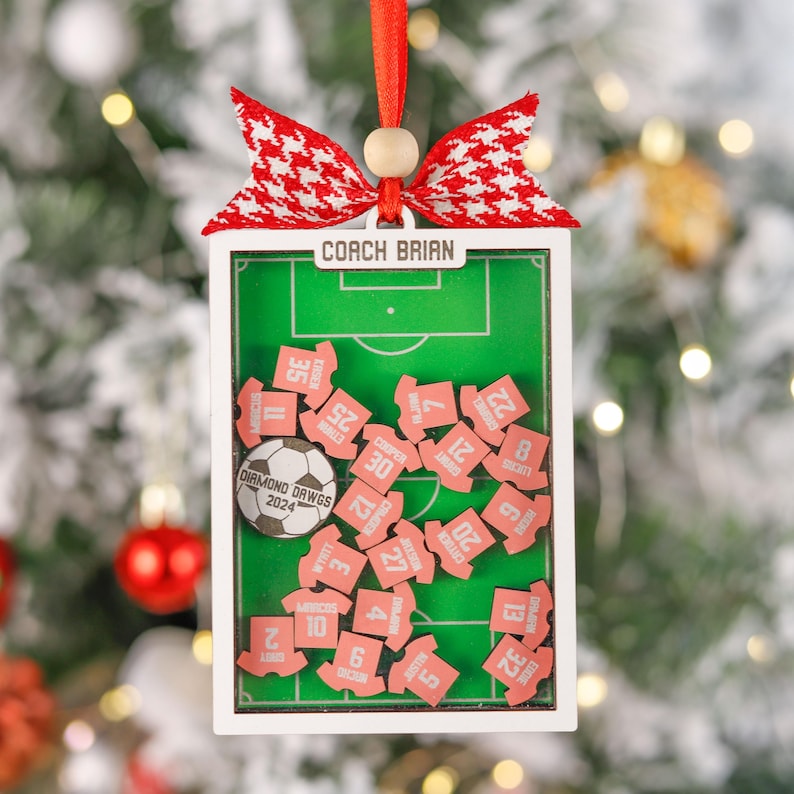 Pode incluir: Enfeite de Natal retangular com um campo de futebol em miniatura, uma bola e pequenas pe&ccedil;as em forma de camisa. O enfeite tem o texto "COACH BRIAN" e "DIAMOND DAWGS 2024". &Eacute; decorado com um la&ccedil;o vermelho e branco.