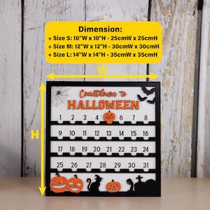 May include: A black and white Halloween countdown calendar with the text "Countdown to Halloween". The calendar has numbers 1-31, pumpkins, bats, and a spiderweb. Available in three sizes: 10"x10", 12"x12", and 14"x14".