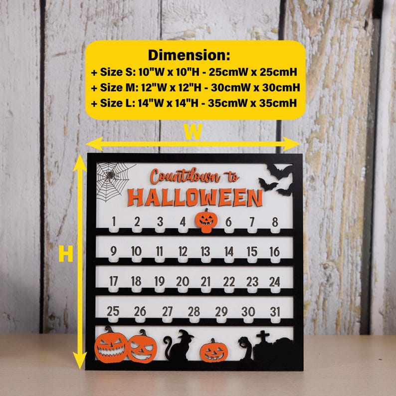 May include: A black and white Halloween countdown calendar with the text "Countdown to Halloween". The calendar has numbers 1-31, pumpkins, bats, and a spiderweb. Available in three sizes: 10"x10", 12"x12", and 14"x14".
