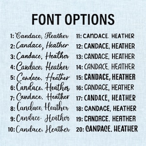 May include: A graphic displaying font options, with the text "FONT OPTIONS" at the top. Below, twenty font styles are numbered and labeled with the names "Candace, Heather" in various styles, showcasing design choices.