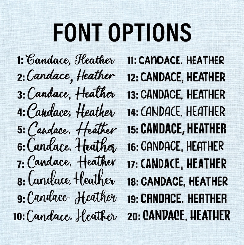 May include: A graphic displaying font options, with the text "FONT OPTIONS" at the top. Below, twenty font styles are numbered and labeled with the names "Candace, Heather" in various styles, showcasing design choices.