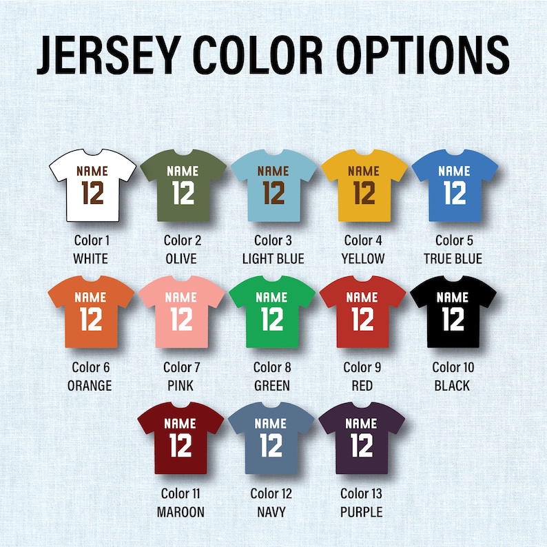 Pode incluir: Imagem mostrando op&ccedil;&otilde;es de cores de camisas. Cada camisa tem o n&uacute;mero 12 e a palavra "NAME". As cores incluem branco, azeitona, azul claro, amarelo, azul verdadeiro, laranja, rosa, verde, vermelho, preto, bord&ocirc;, marinho e roxo.