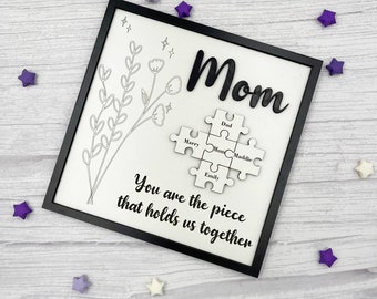 Flower Mom Puzzle Sign, Custom Mom Sign Mother's Day Gift, You Are The Piece That Holds Us Together Sign, Personalized Name Wood Puzzle Sign