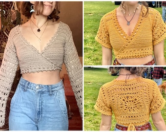 May include: Two crocheted tops, one in beige and one in yellow, with a V-neck and short sleeves. The tops are both cropped and feature a delicate lace pattern.