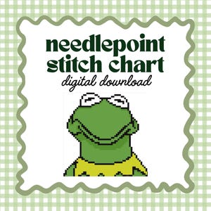May include: A digital download needlepoint stitch chart featuring a pixelated Kermit the Frog design. The image has a green and white gingham background and a decorative border. Text includes "needlepoint stitch chart" and "digital download."